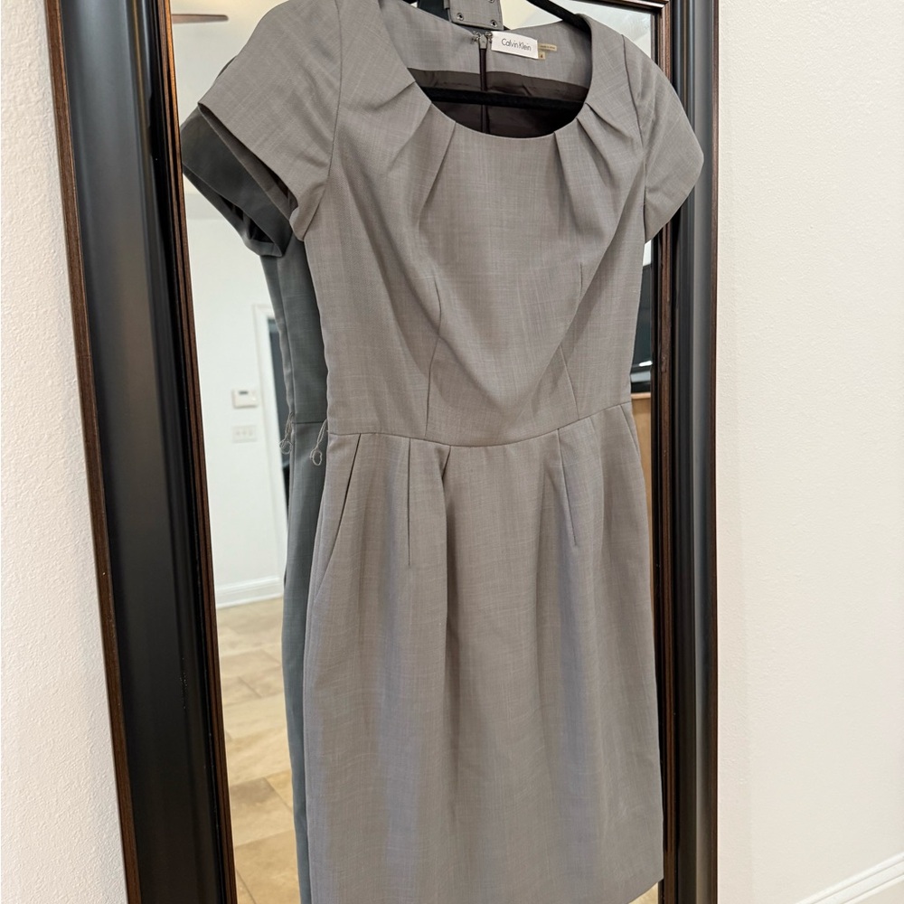 Calvin Klein Gray Pleated Sheath Midi Dress